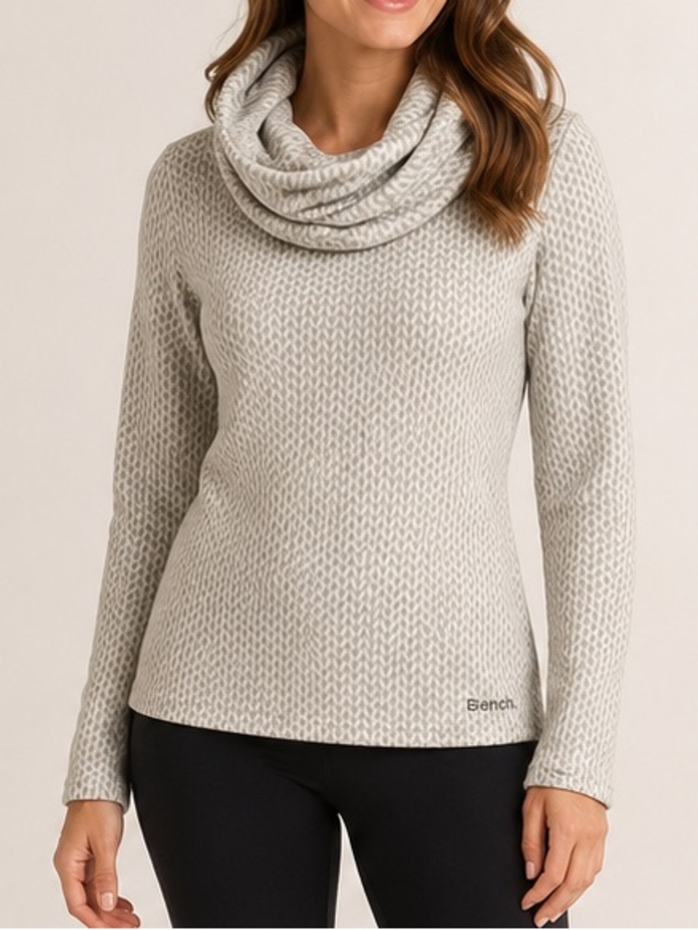 Bench Cowl Neck Fleece Pullover Knit Print Thumbholes Cream Grey M